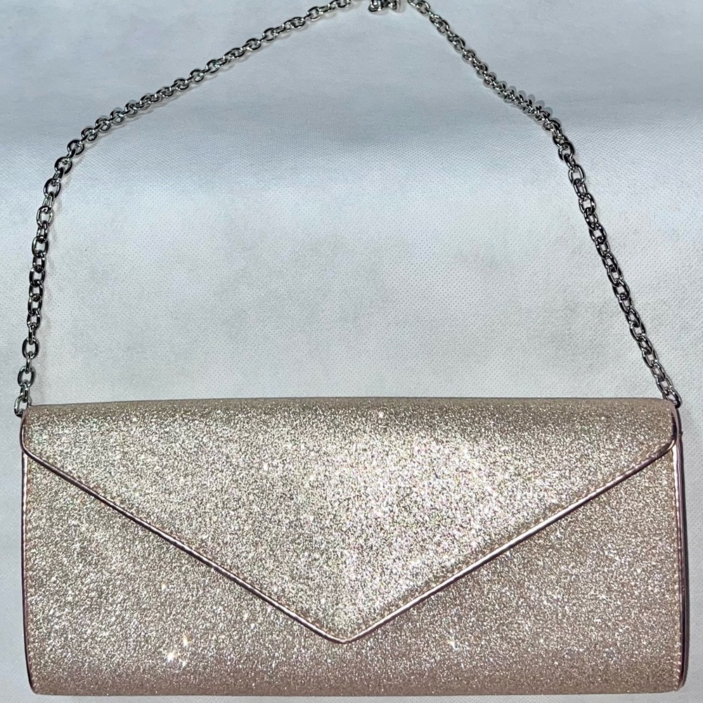 Elegant Glitter Envelope Clutch — Rose Gold Chain Strap